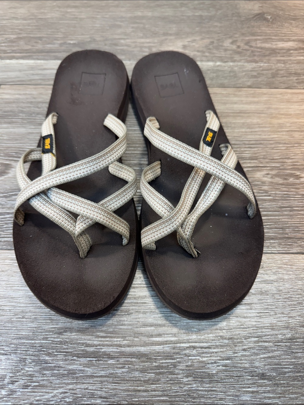 Teva Women's Brown Footbed Sandals with Cream Straps Sz 10 (h221)